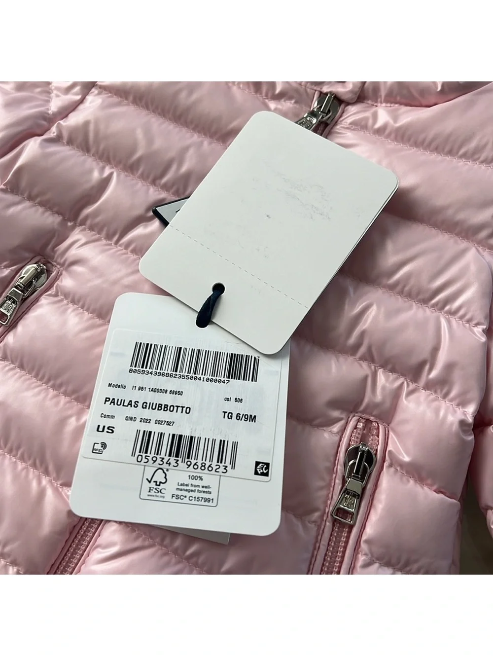 MONCLER Paulas Down Logo-Patch Sleeve Jacket, Pink Girl’s Size 6-9M New w/Tag